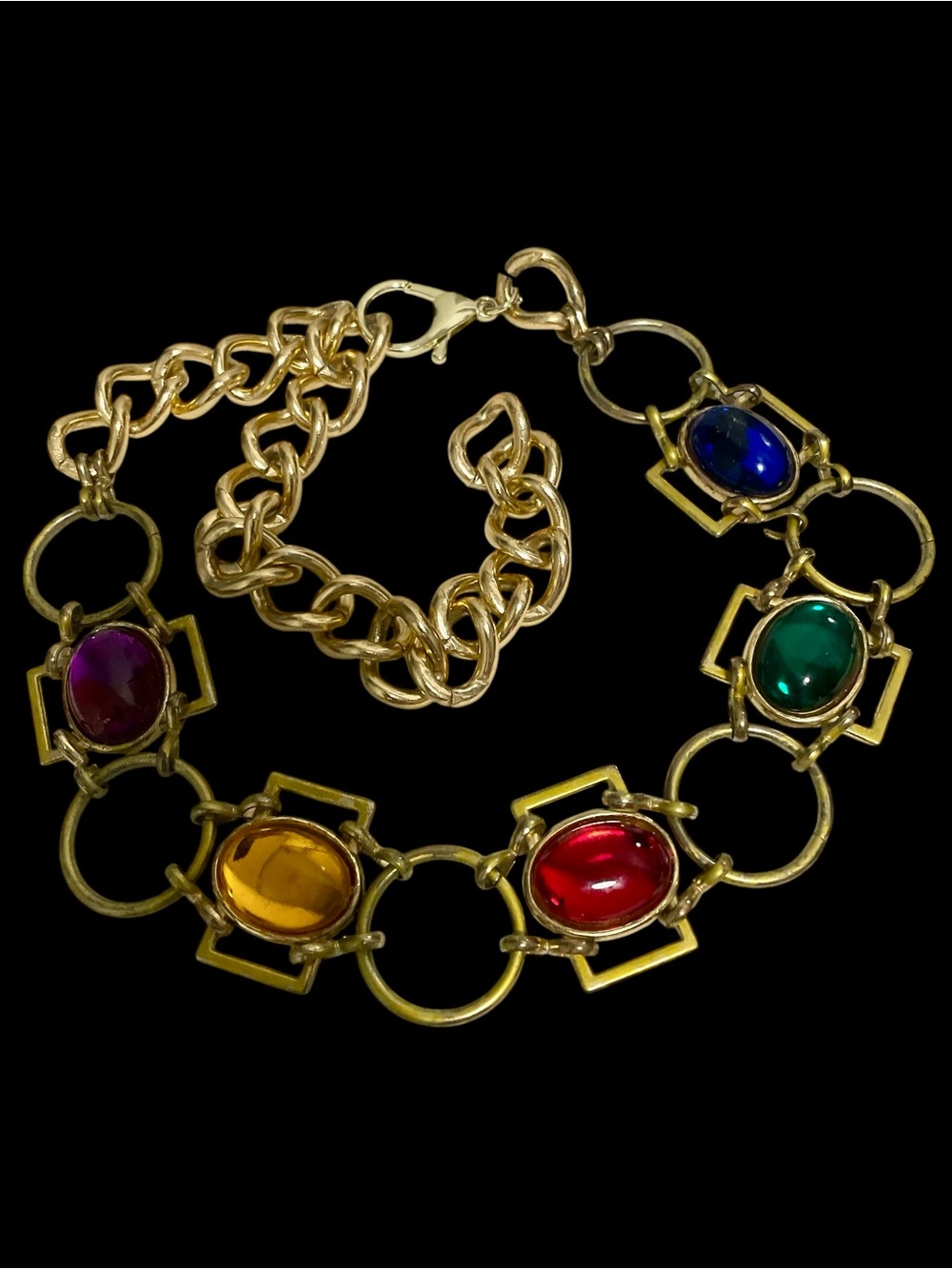 Vintage Belt Lucite Jewel Tone Cabochon Gold Chain Necklace Boho Runway